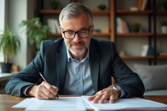Homme d'âge moyen lisant des documents dans un salon moderne