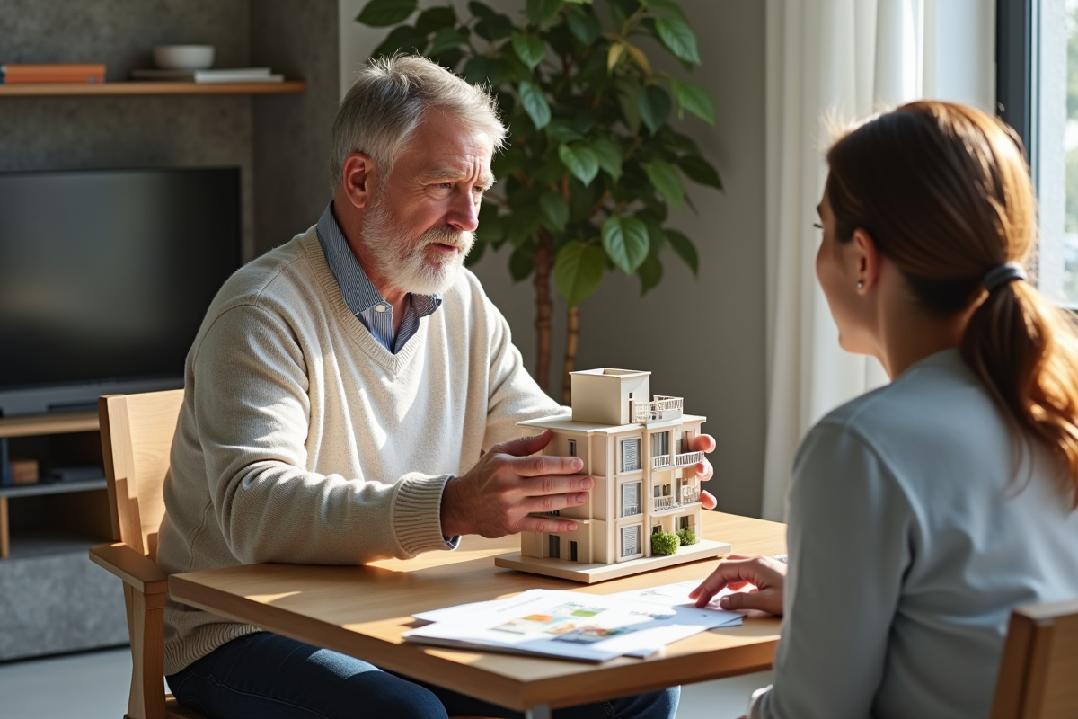 Homme montrant un modèle d appartement à une femme dans un salon