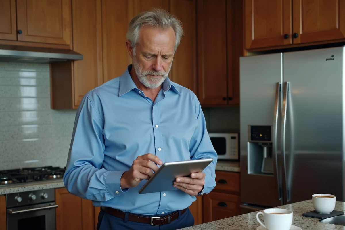 Homme en cuisine consulte l application Amazon sur tablette