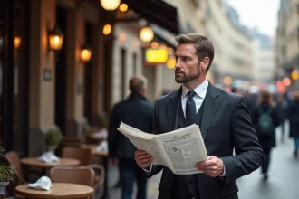 Homme d'âge moyen dans un costume sombre devant un café parisien
