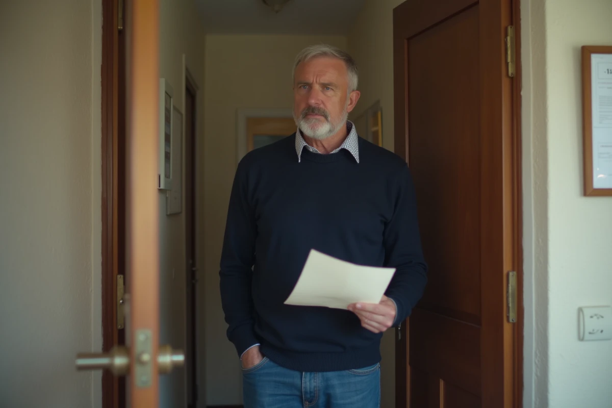 Homme d'âge moyen tenant une lettre à la porte d'appartement