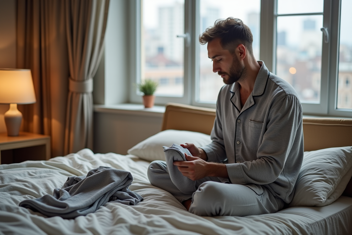 Homme en pyjamas gris regarde sa checklist de garde-robe dans la chambre