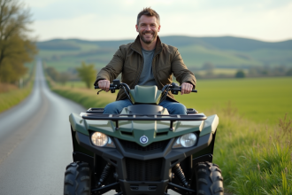 Homme souriant sur un quad en campagne naturelle