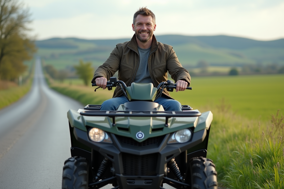 Homme souriant sur un quad en campagne naturelle