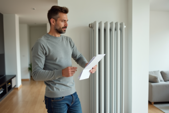 Homme examine un radiateur moderne dans un salon rénové