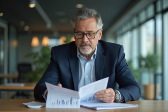 Homme en costume bleu examine des rapports ETF dans un bureau