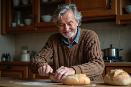 Homme âgé carvant un pain rustique dans une cuisine chaleureuse