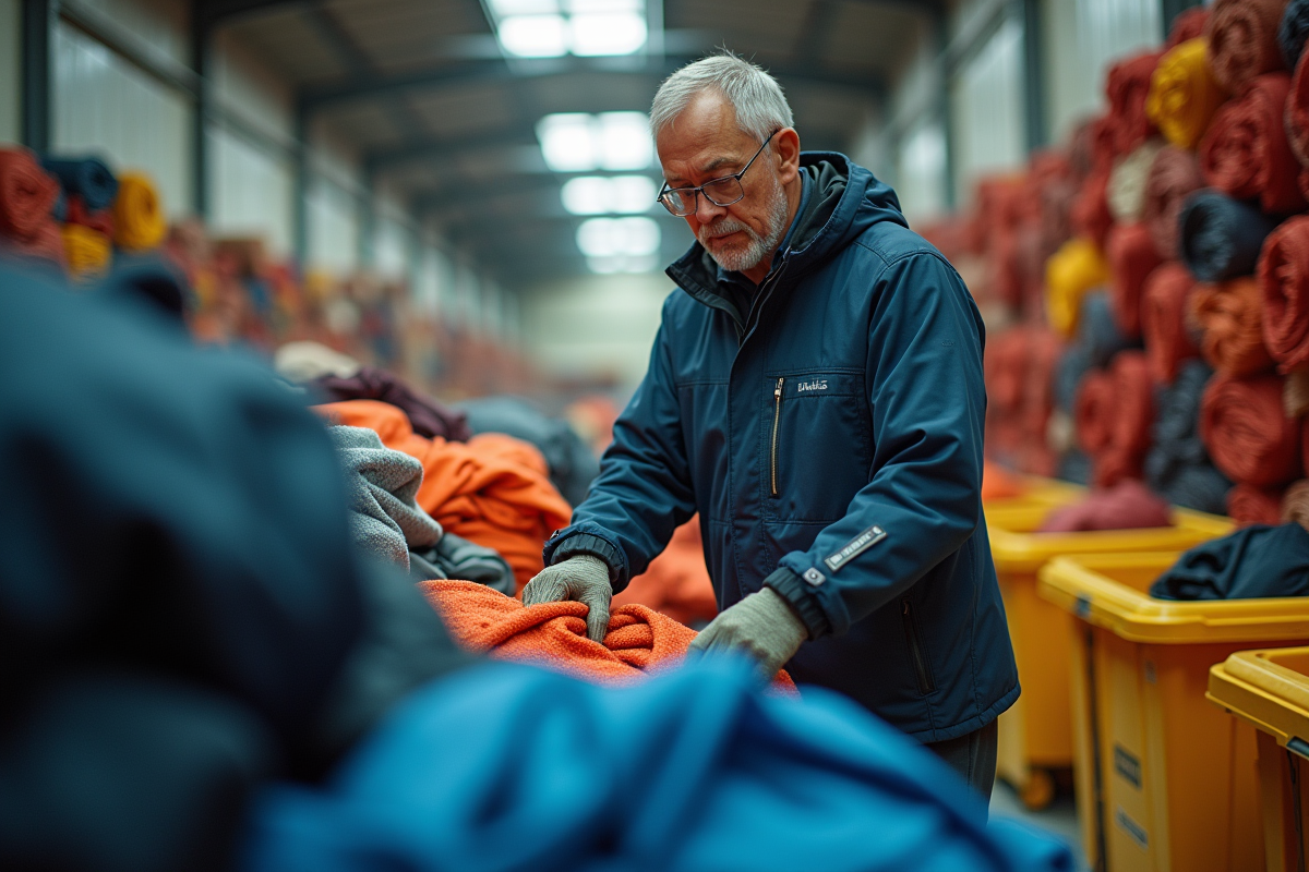 Homme triant des vêtements synthétiques dans une usine de recyclage