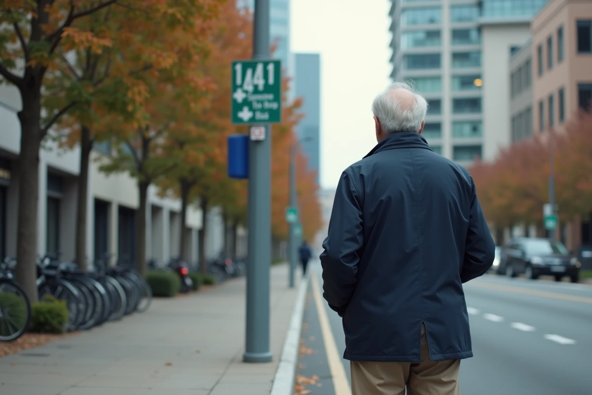 Homme regardant un panneau avec le numéro 1441 dans la rue urbaine
