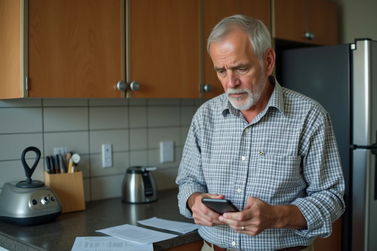 Homme âgé utilisant son smartphone dans la cuisine