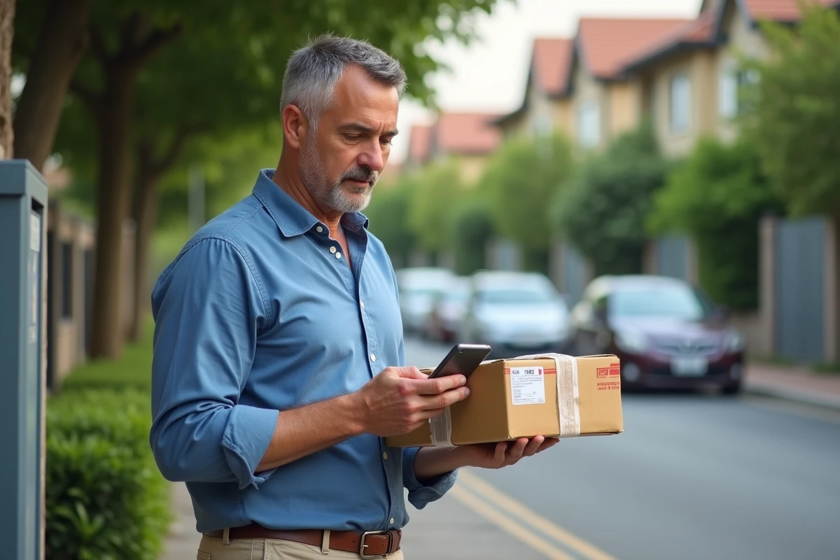Homme vérifiant un colis avec étiquette Chine Post dehors