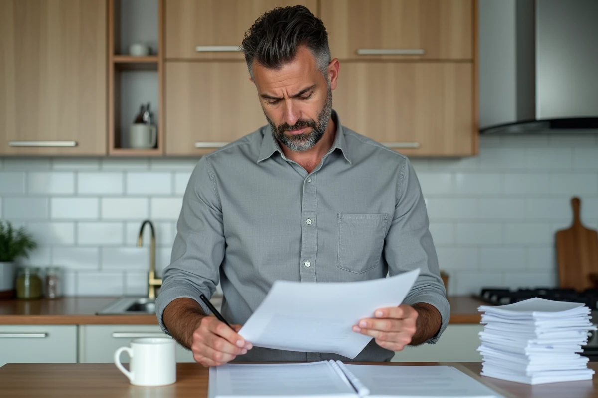 Homme examinant un document administratif imprimé avec un stylo à la main dans une cuisine moderne