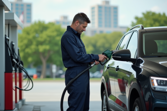 Ingénieur en combinaison inspectant une voiture essence à la station