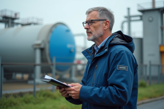 Ingénieur homme moyen age en extérieur près station hydrogene