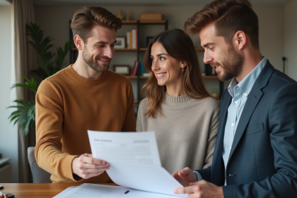 Jeune couple discutant avec agent immobilier dans un intérieur moderne