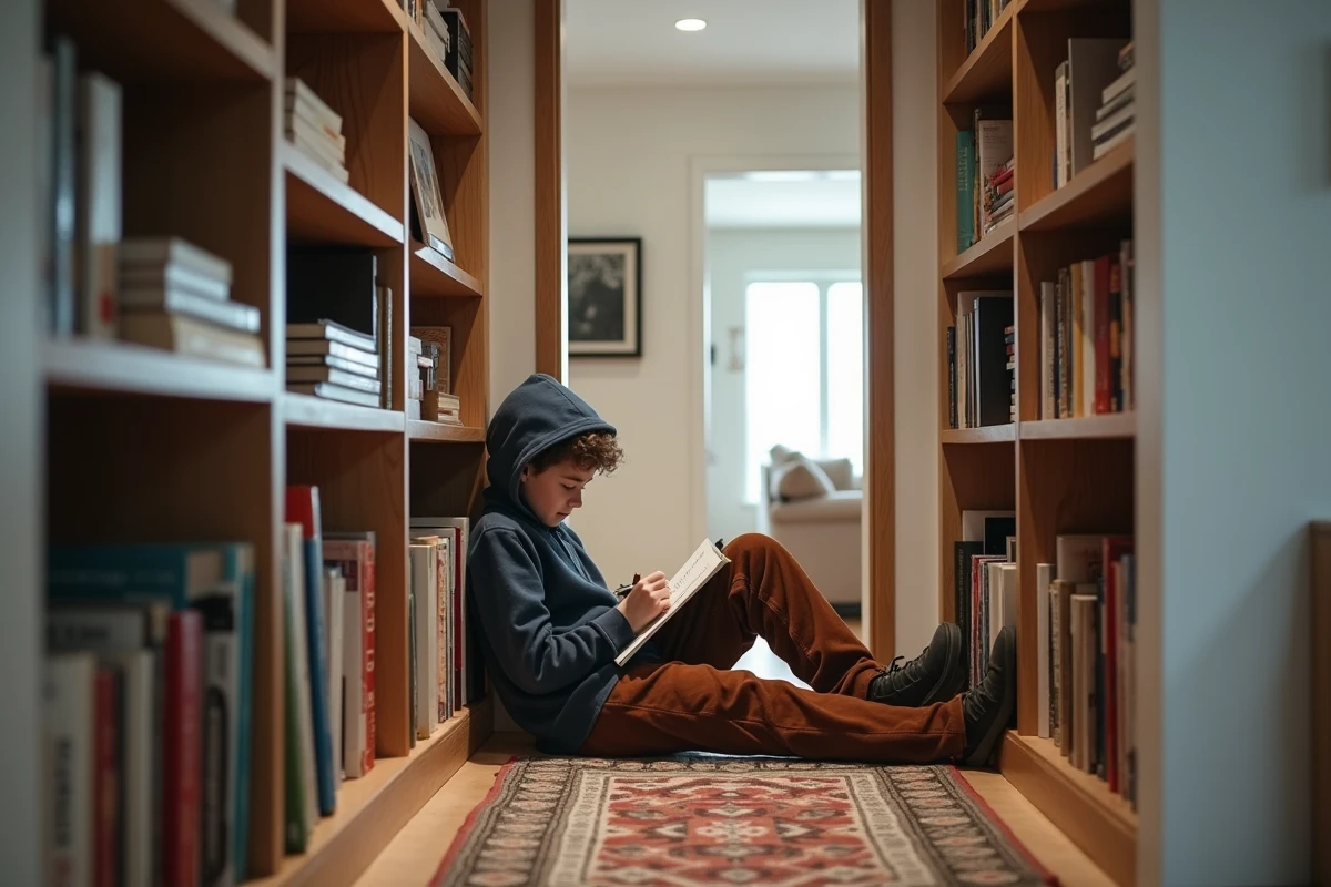 Adolescent dessinant dans un coin lecture moderne et lumineux
