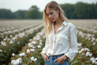 Jeune femme dans un champ de coton en pleine maturation