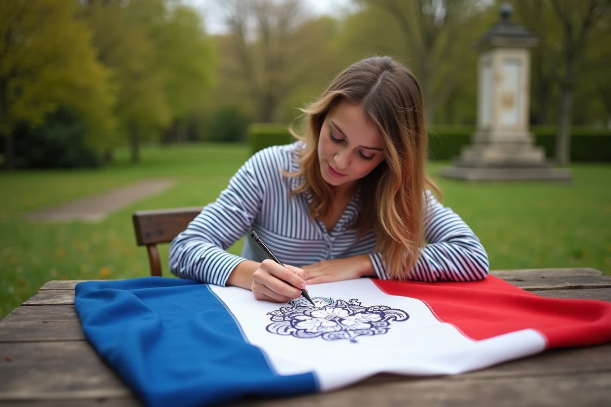 Jeune femme esquissant le motif ermine d un drapeau breton en extérieur