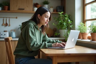 Jeune femme en hoodie vert travaillant à domicile écologique