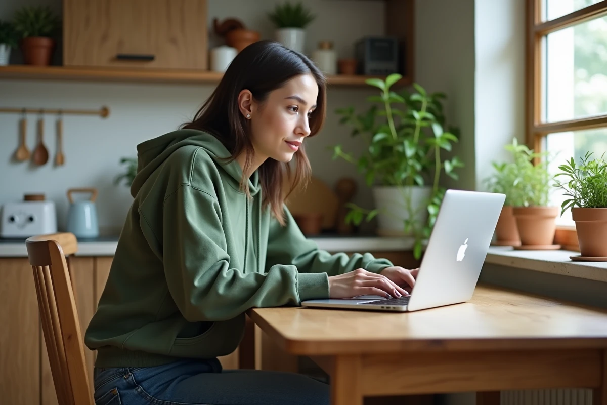 Jeune femme en hoodie vert travaillant à domicile écologique