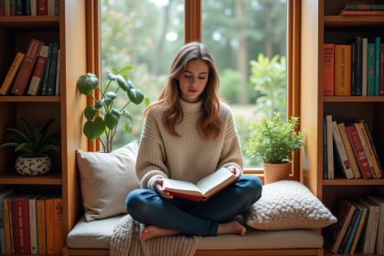 Jeune femme lisant dans une bibliothèque chaleureuse