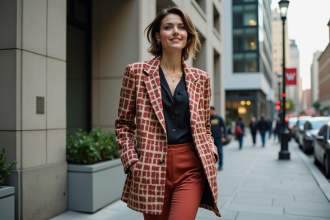 Jeune femme mode urbaine en blazer large dans la ville