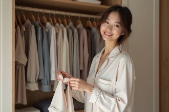 Jeune femme en pyjamas pastel plie ses vêtements dans une chambre moderne