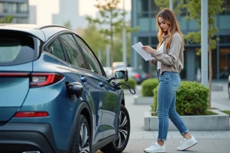 Jeune femme lisant un manuel de charge d'une voiture hybride en ville