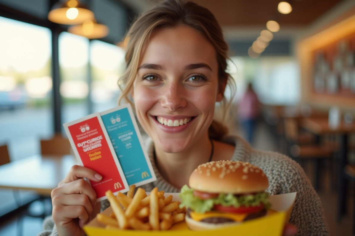 Jeune femme souriante tenant des chèques vacances et un repas McDonald's