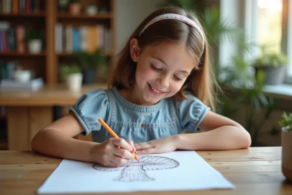 Jeune fille de 8 ans coloriant un champignon dans un salon cosy