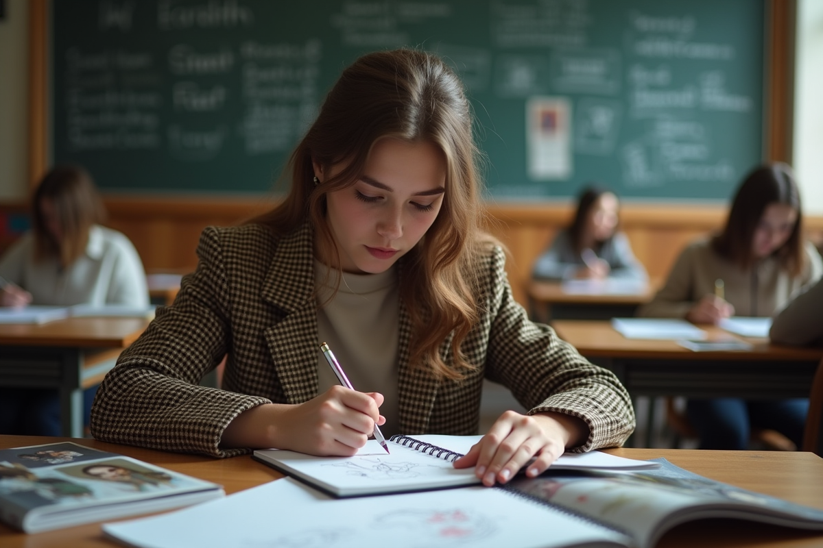 Fille dessinant des créations de mode en classe
