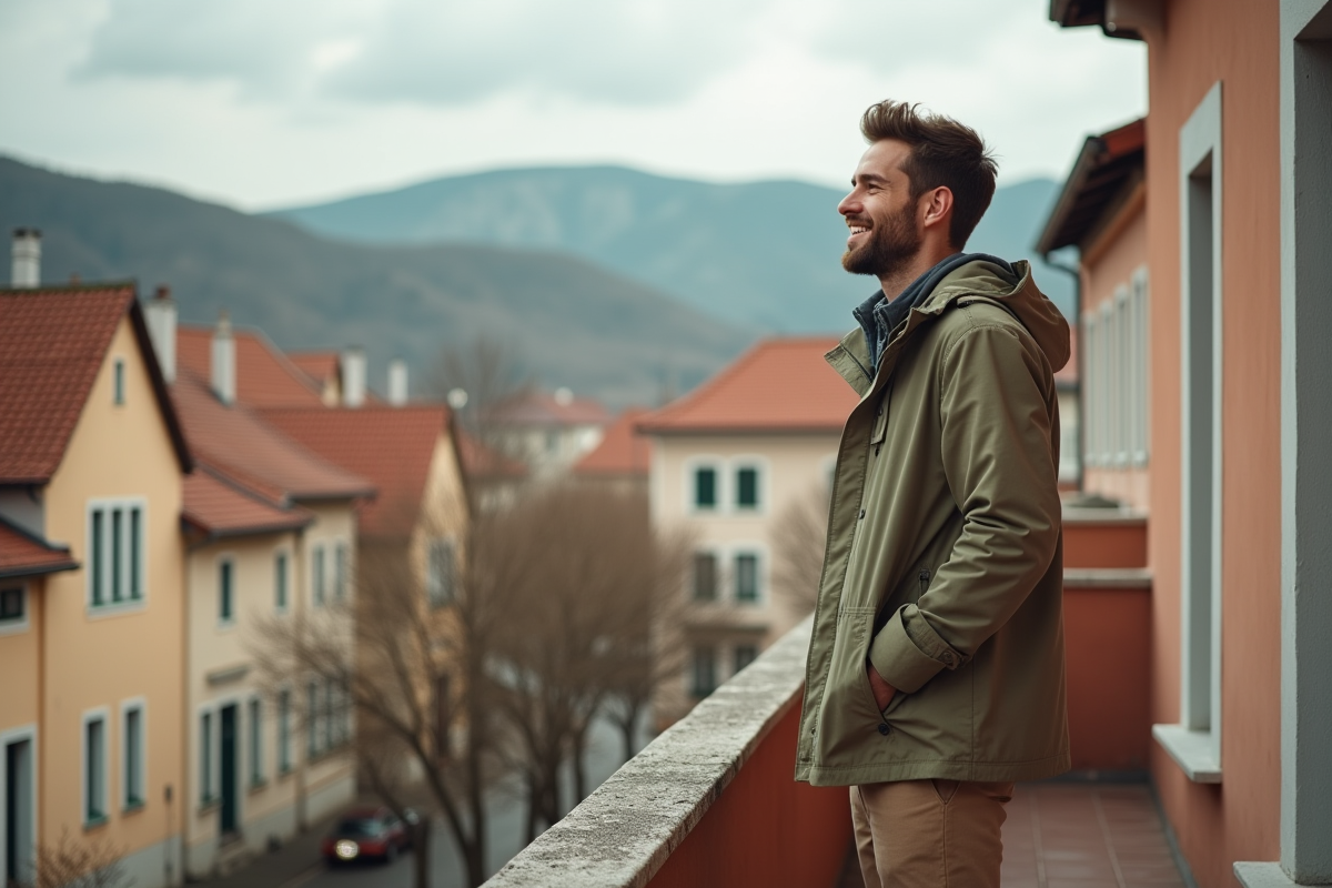 Jeune homme regardant la ville depuis un balcon en Europe