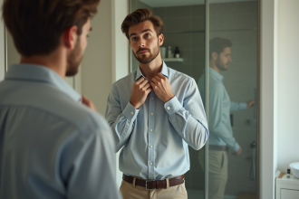 Jeune homme en costume ajustant son col dans une salle de bain moderne