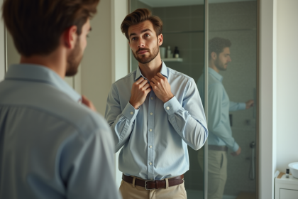 Jeune homme en costume ajustant son col dans une salle de bain moderne