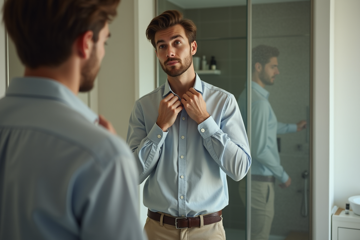 Jeune homme en costume ajustant son col dans une salle de bain moderne