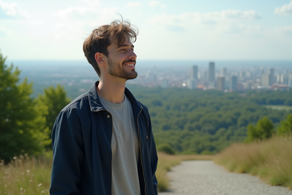 Jeune homme contemplant un parc urbain en haut d