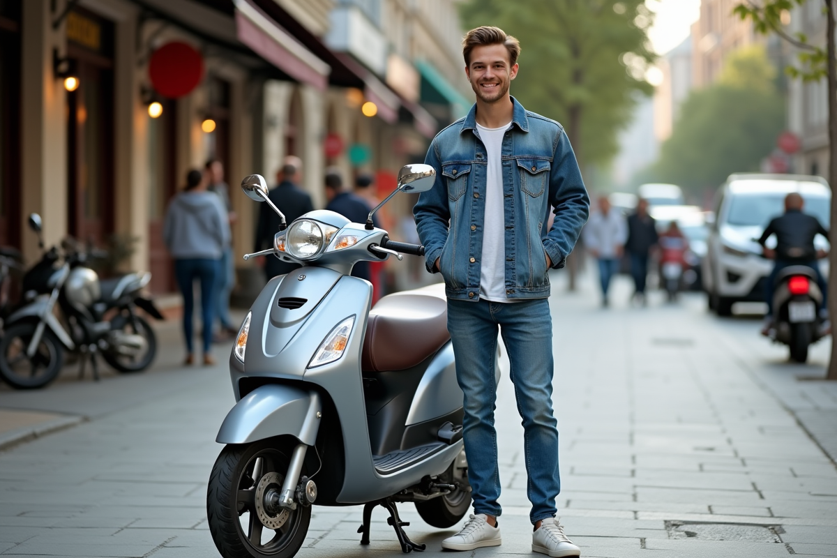 Jeune homme souriant avec scooter en ville dynamique
