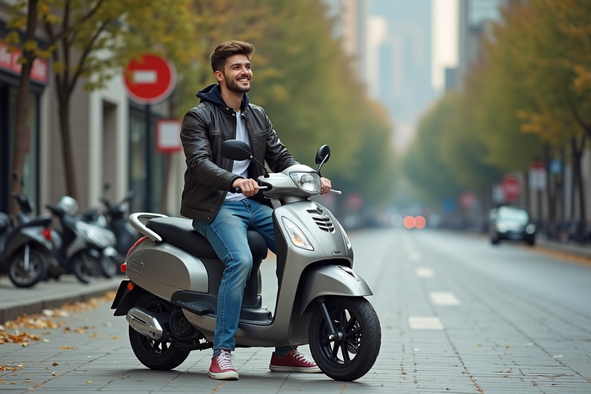 Jeune homme souriant sur scooter en ville