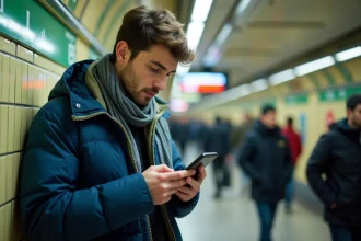 Jeune homme sur le quai du métro à Paris utilisant son smartphone
