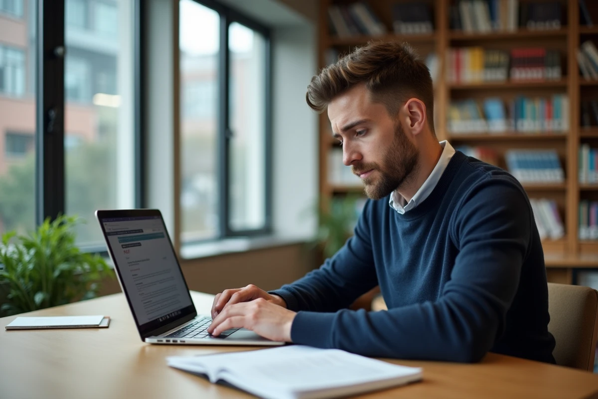Jeune homme travaillant sur un ordinateur dans une bibliothèque moderne
