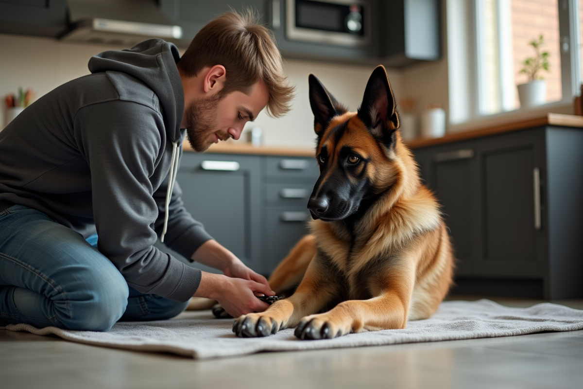 Jeune homme coupant les ongles d un malinois à la maison