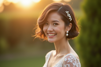 Jeune mariée avec coiffure à perles dans un jardin en plein air