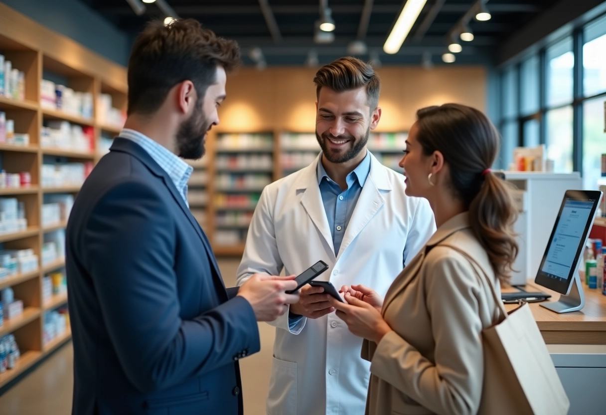 Jeune pharmacien montre une application mobile à une cliente
