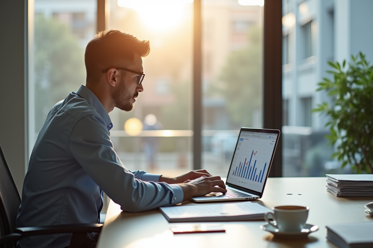 Jeune professionnel analysant des graphiques d'investissement sur un ordinateur lumineux