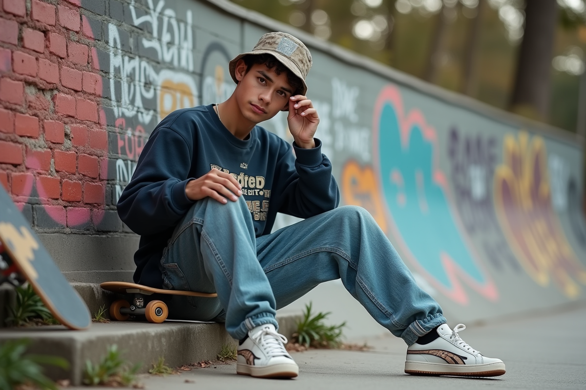 Jeune homme en streetwear détendu dans un skatepark urbain