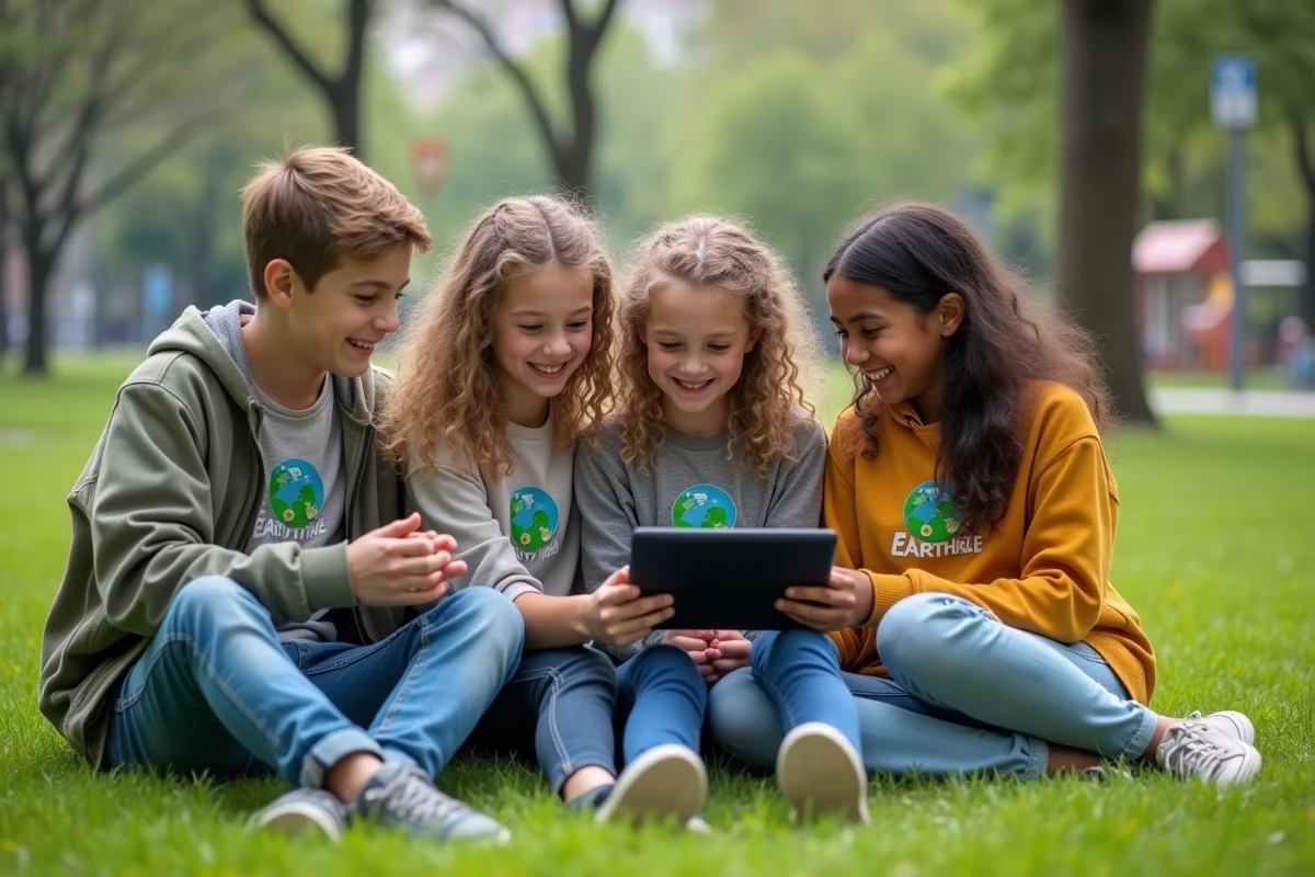 Groupe de jeunes faisant un quiz environnemental en parc