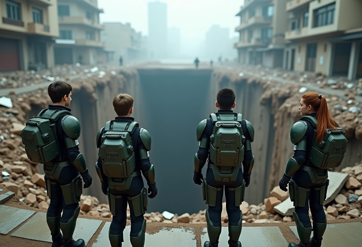 Jeunes soldats en armure futuriste face à un gouffre urbain