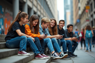 Jeunes en streetwear sur les escaliers en ville