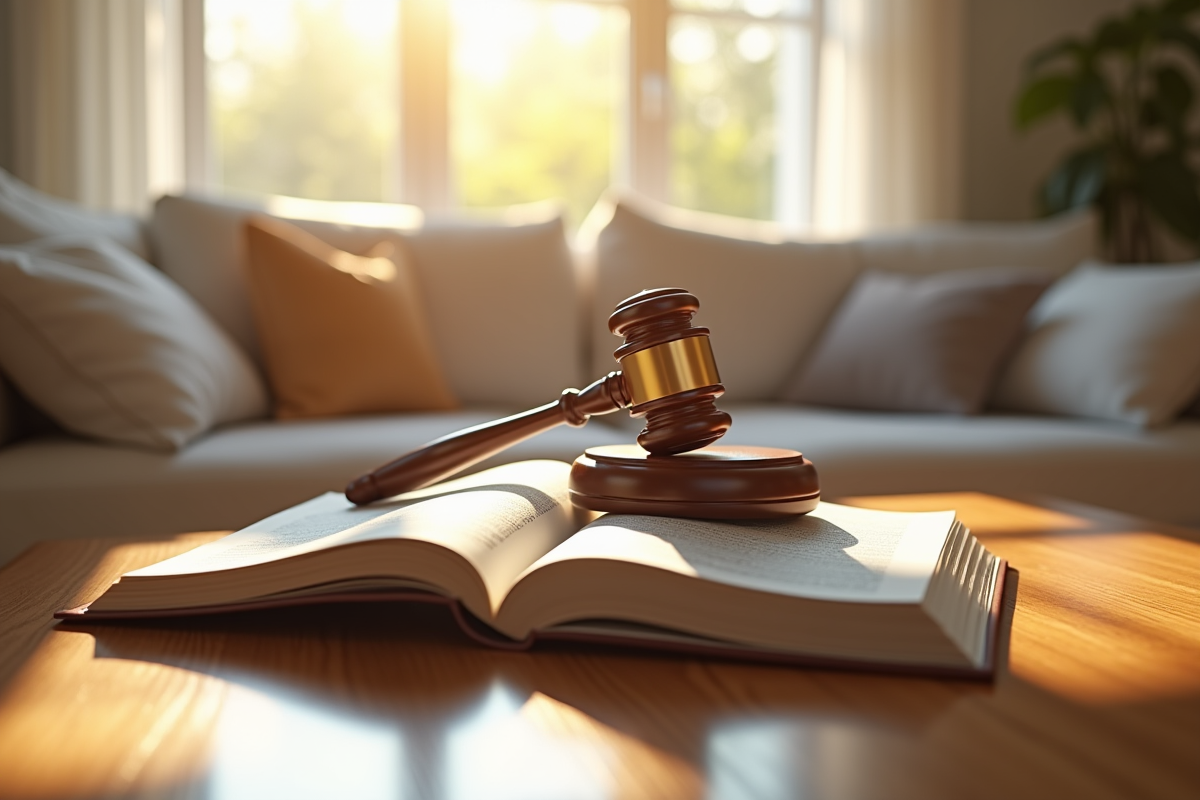 Livre de droit et marteau de juge sur une table ensoleillée