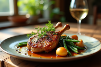 Magret de canard présenté avec pommes de terre et haricots verts